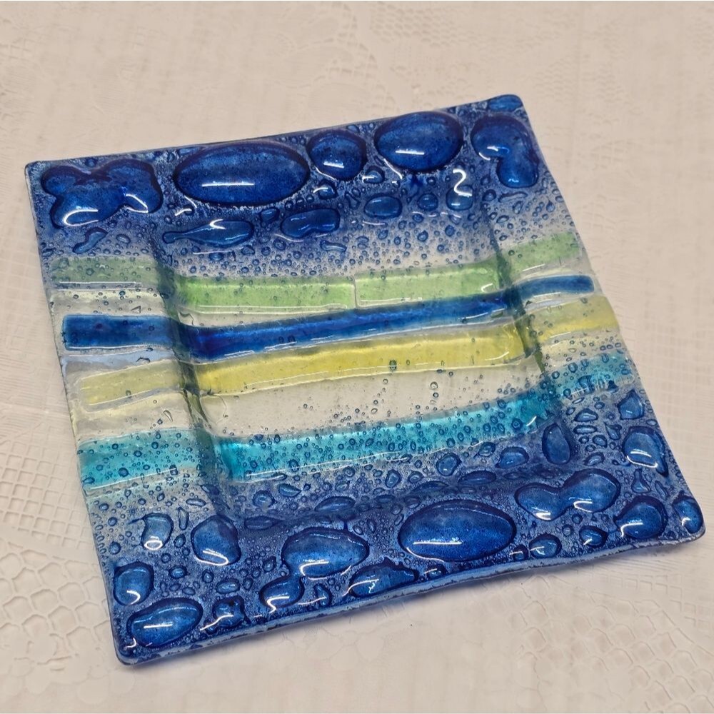Murano Blue Square Fused Glass Trinket Dish Vintage 80s Stripes And Huge Bubbles